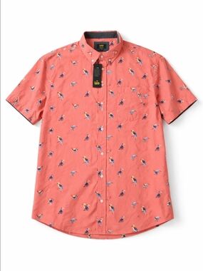 Lee XXL Coral Bird Print Button Up Shirt Cotton Short Sleeve Casual